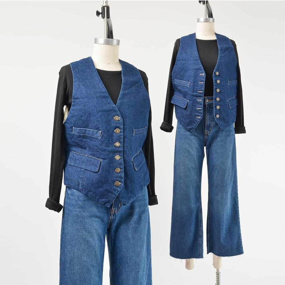 Vintage 90s CALVIN KLEIN Jean Vest Medium Wash Denim Back Buckle Waistcoat S M